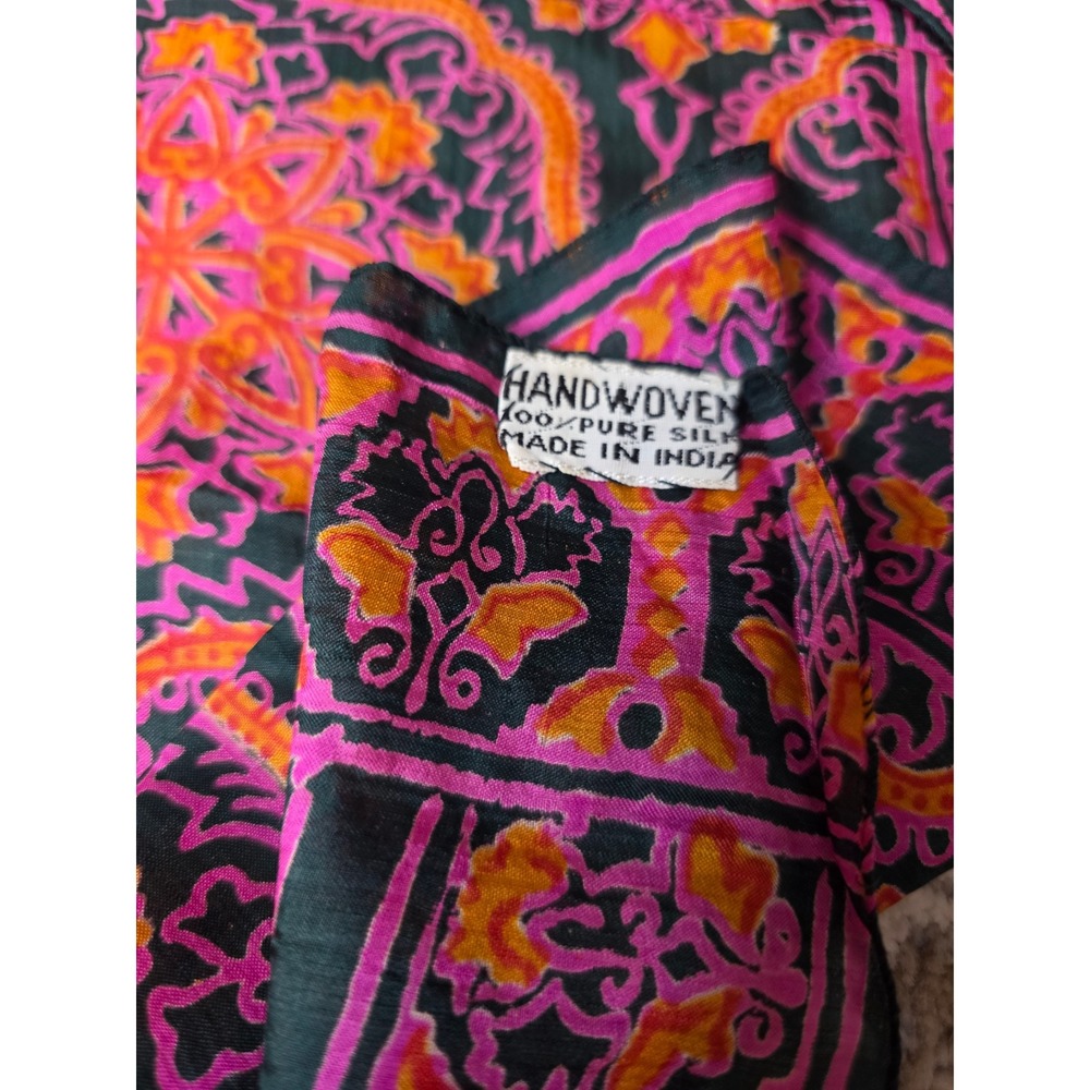 VTG Handwoven 100% Pure Silk Scarf India Pink Orange Black Mandala Paisley Wrap - Picture 5 of 6